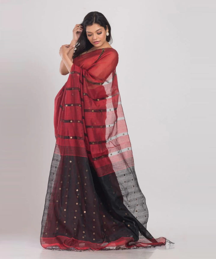 Maroon black handwoven bengal cotton silk saree