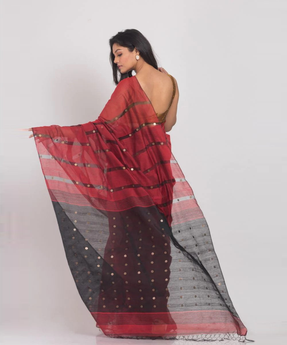 Maroon black handwoven bengal cotton silk saree