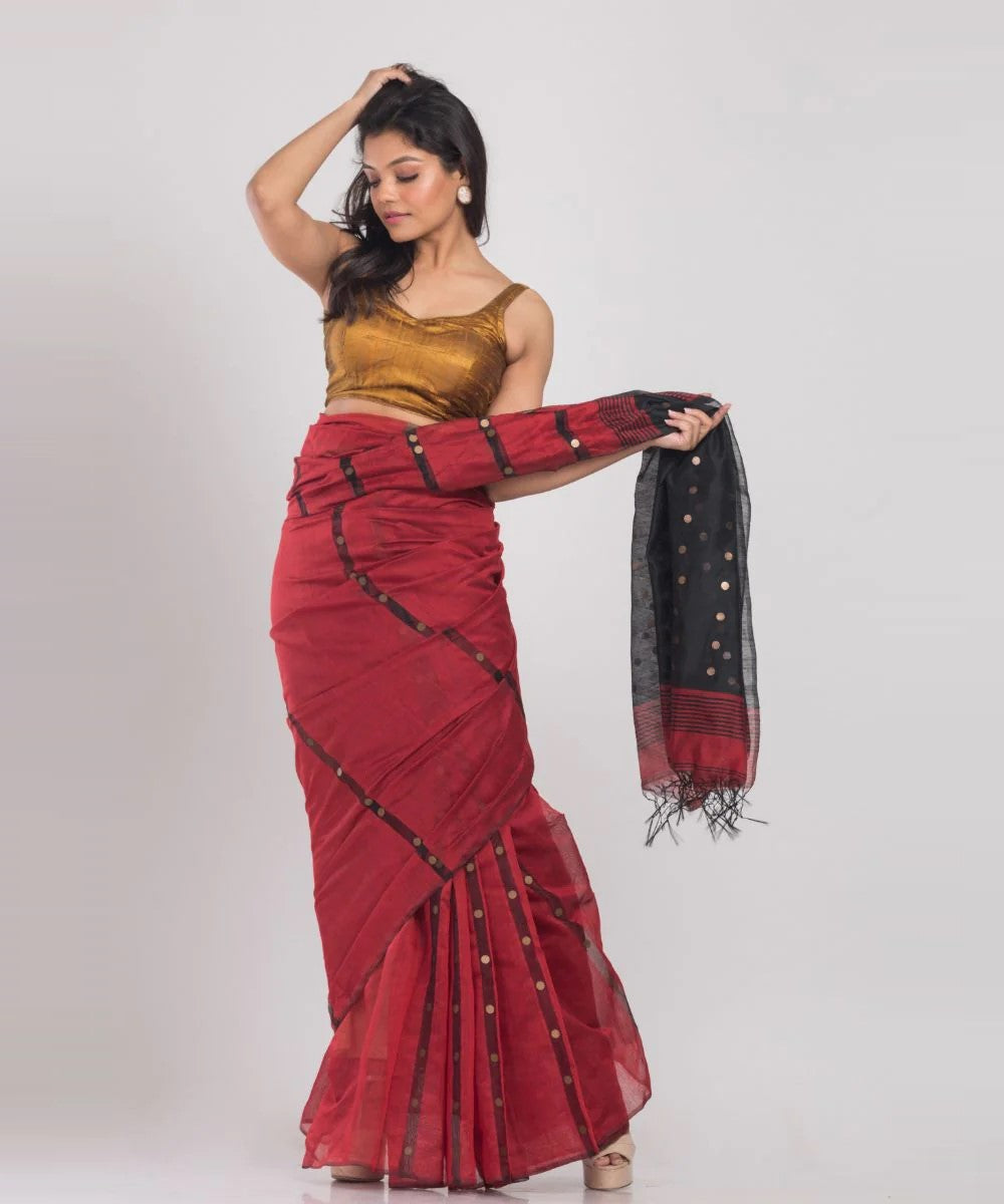 Maroon black handwoven bengal cotton silk saree