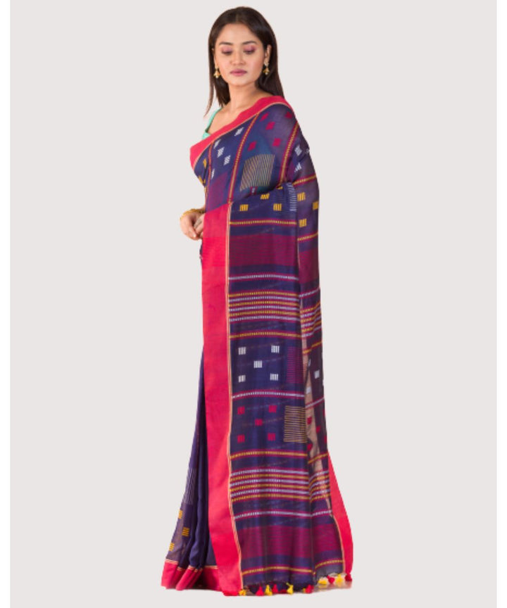 Dark blue red handwoven bengal cotton jamdani saree