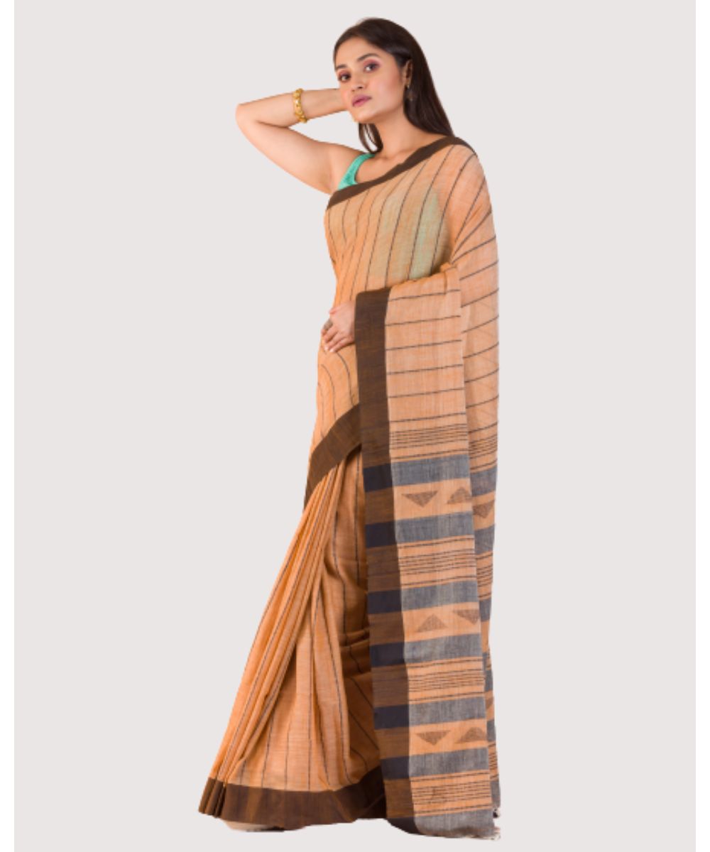 Cream black handwoven bengal cotton saree