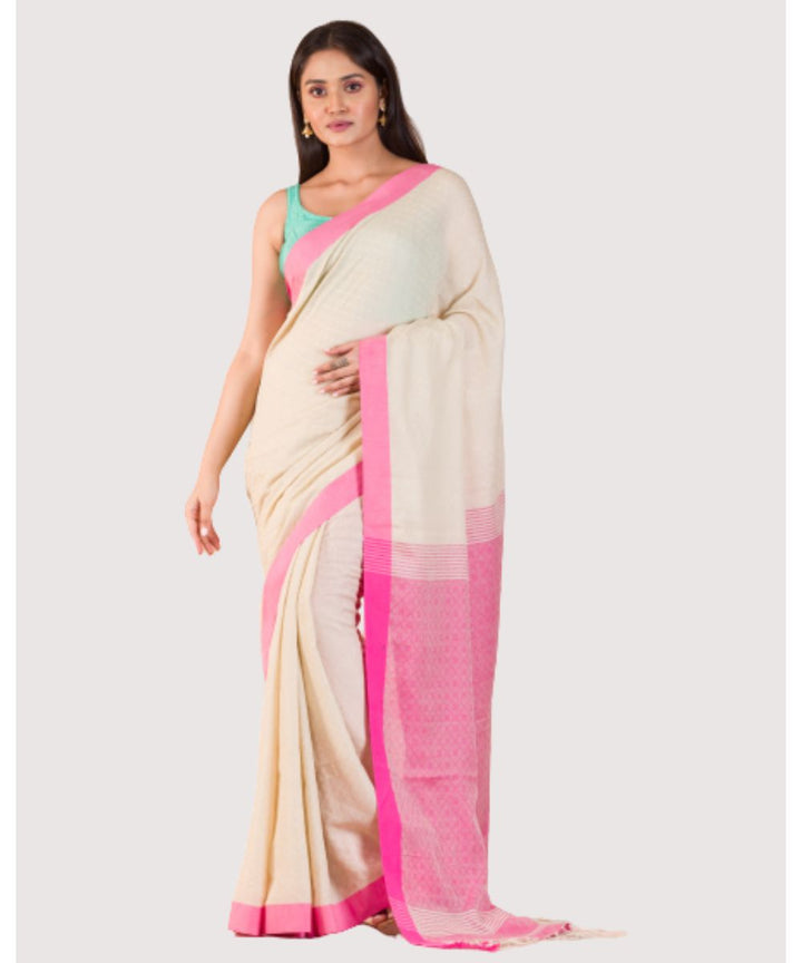 Off white pink handwoven bengal cotton saree