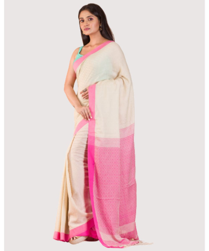 Off white pink handwoven bengal cotton saree