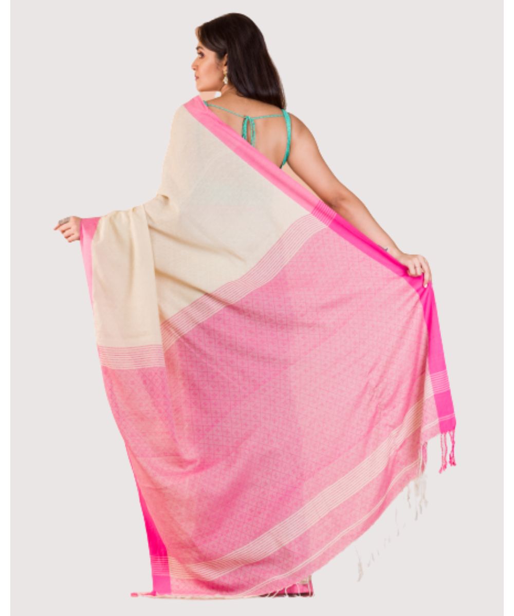 Off white pink handwoven bengal cotton saree