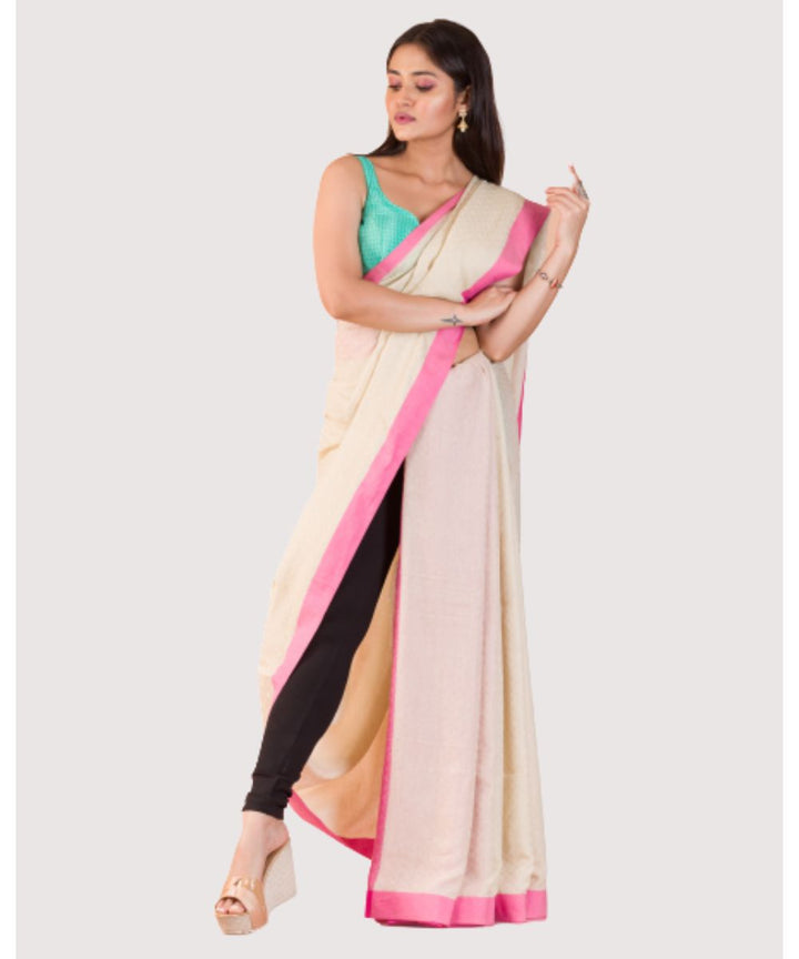 Off white pink handwoven bengal cotton saree