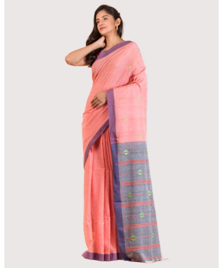 Peach handloom bengal cotton saree