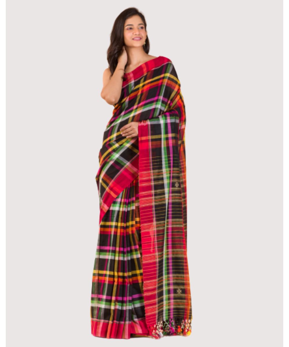 Black red checks handwoven bengal cotton saree
