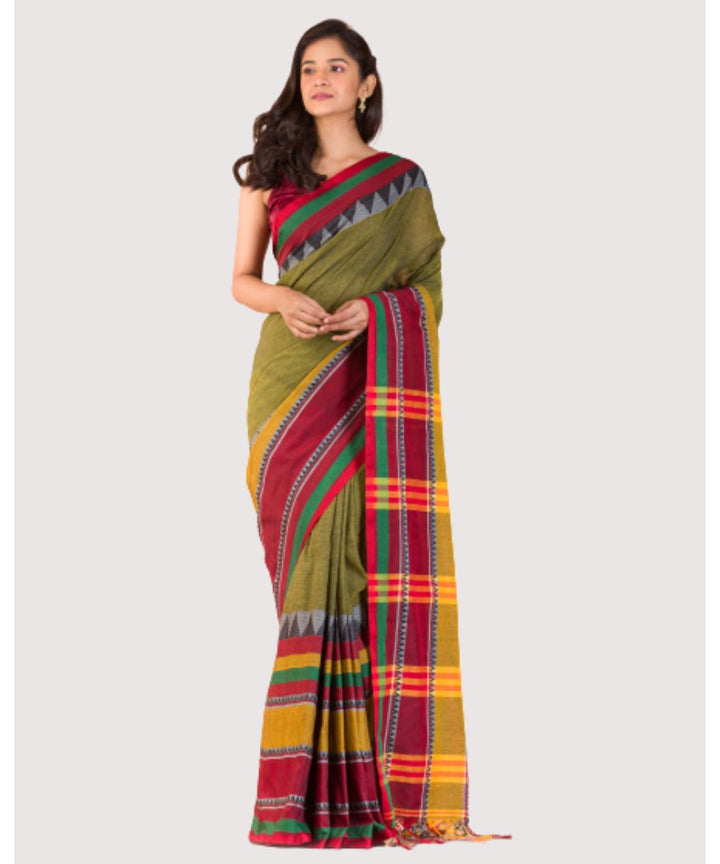 Olive green red handwoven bengal cotton begumpuri saree