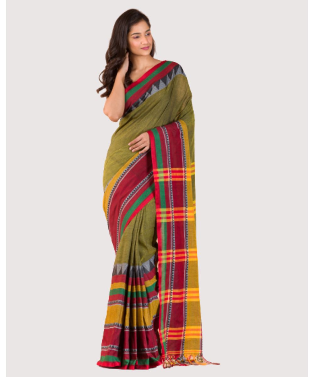 Olive green red handwoven bengal cotton begumpuri saree