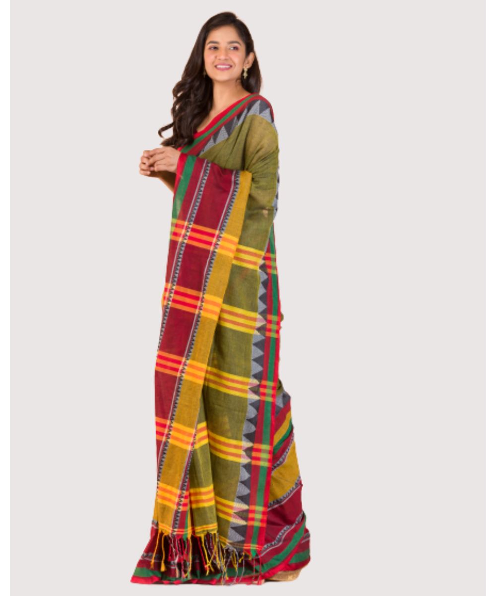 Olive green red handwoven bengal cotton begumpuri saree