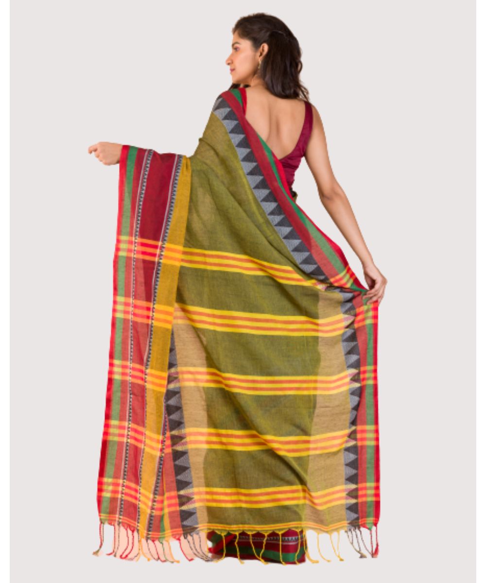 Olive green red handwoven bengal cotton begumpuri saree