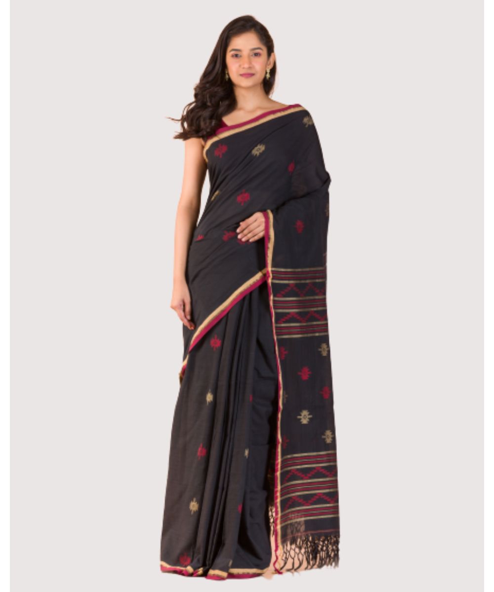 Black red handwoven cotton bengal jamdani saree