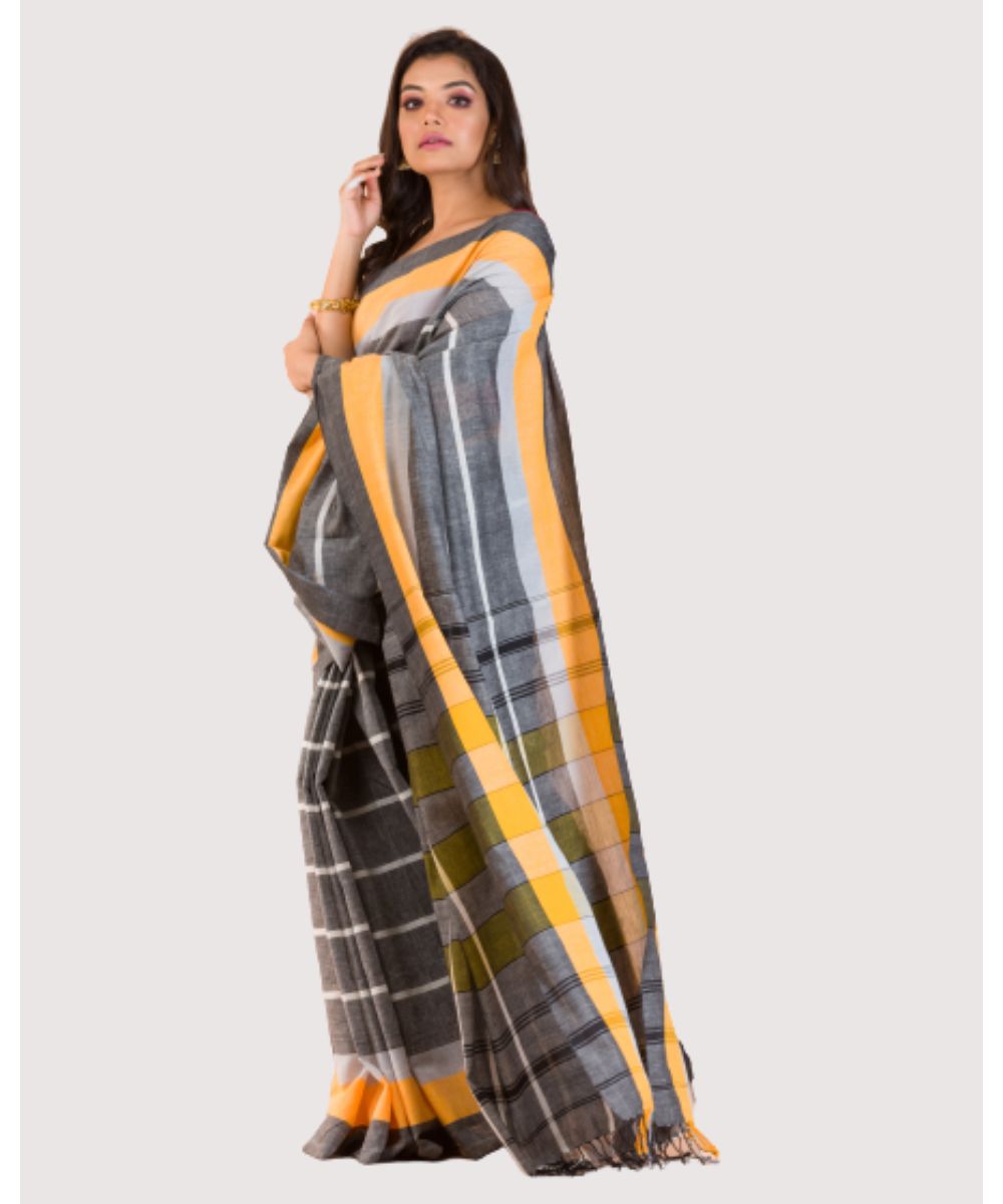 Grey white handwoven bengal cotton saree