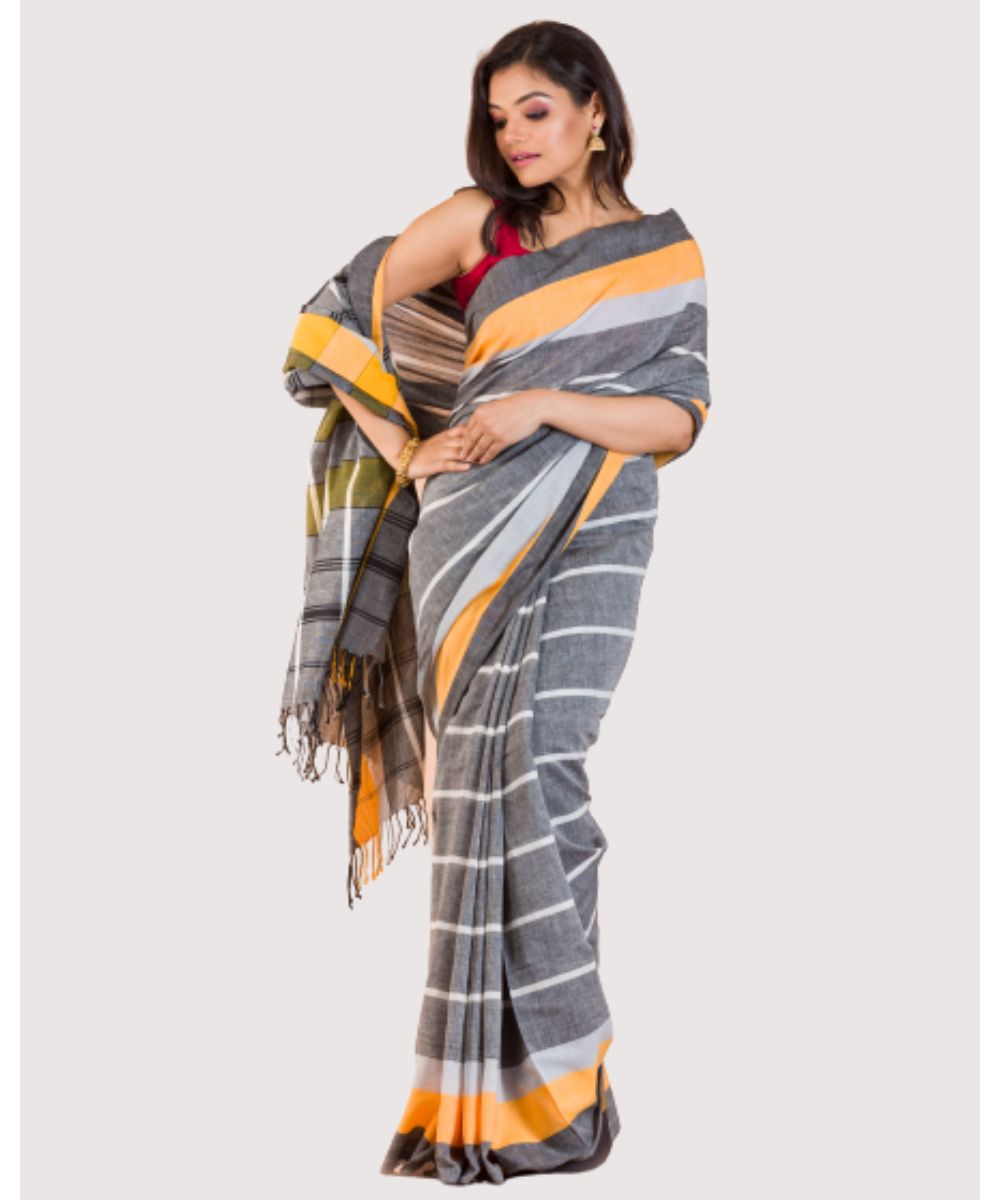 Grey white handwoven bengal cotton saree