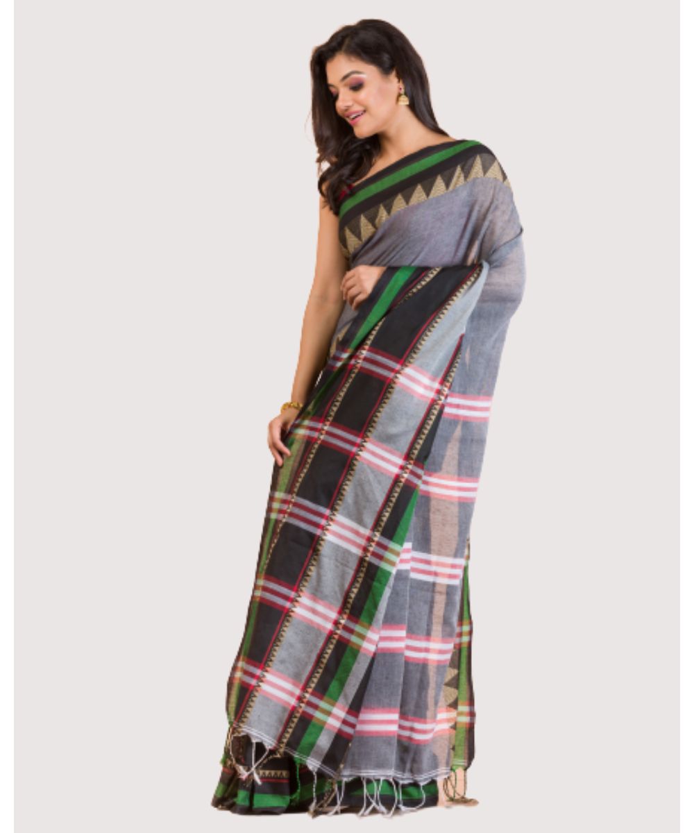 Grey black handwoven bengal cotton begumpuri saree