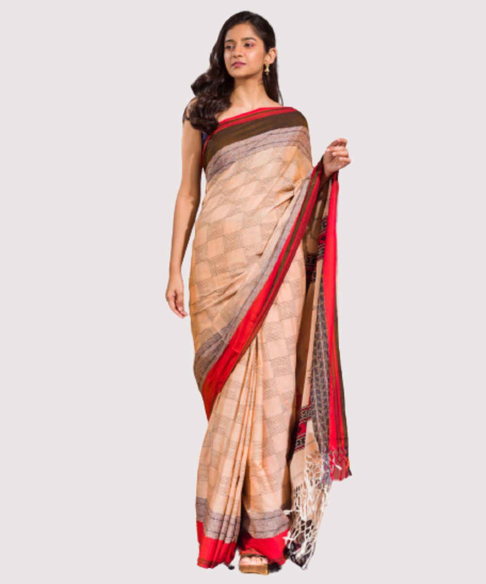Cream red handwoven bengal cotton saree