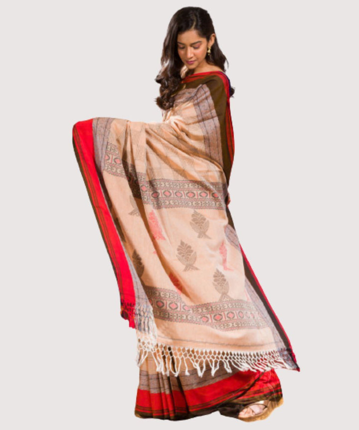 Cream red handwoven bengal cotton saree