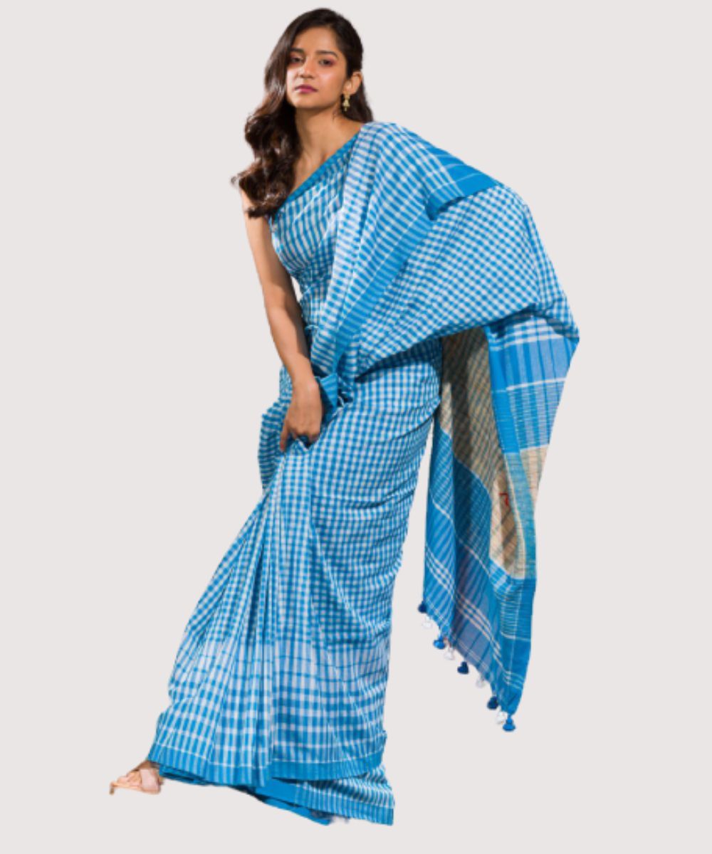 White blue checks handwoven bengal cotton gamcha saree