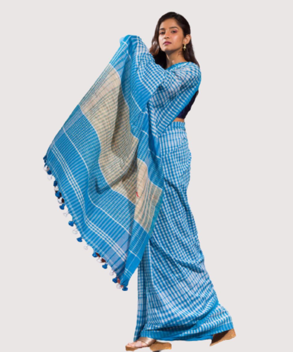 White blue checks handwoven bengal cotton gamcha saree