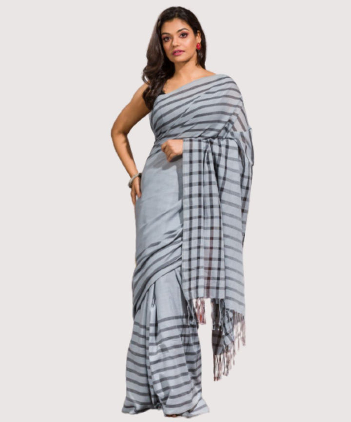 Light grey black handwoven bengal cotton saree