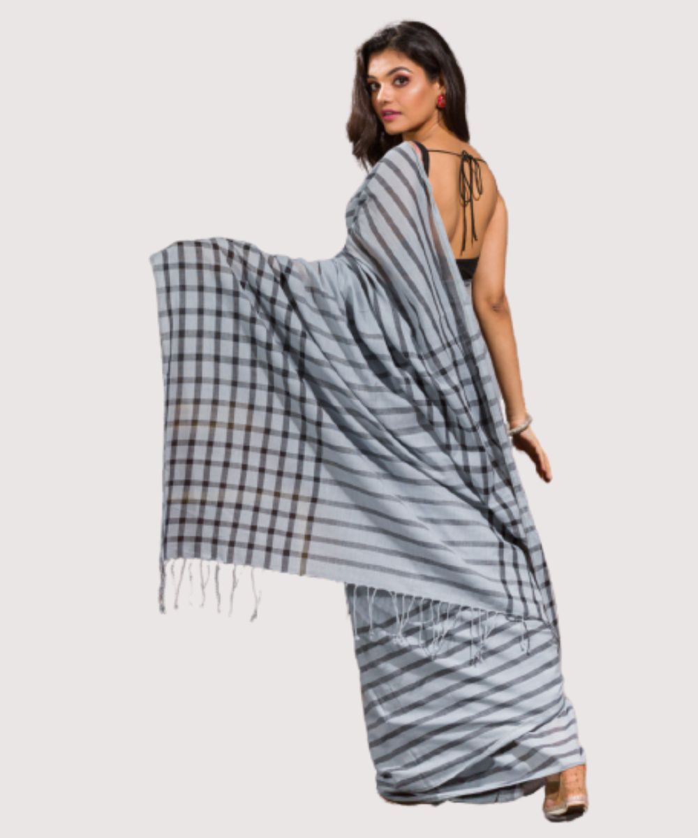 Light grey black handwoven bengal cotton saree