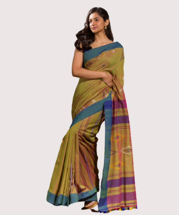 Yellow green handwoven bengal cotton jamdani saree