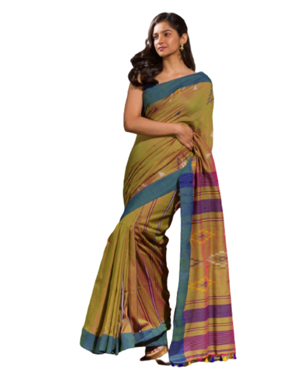 Yellow green handwoven bengal cotton jamdani saree