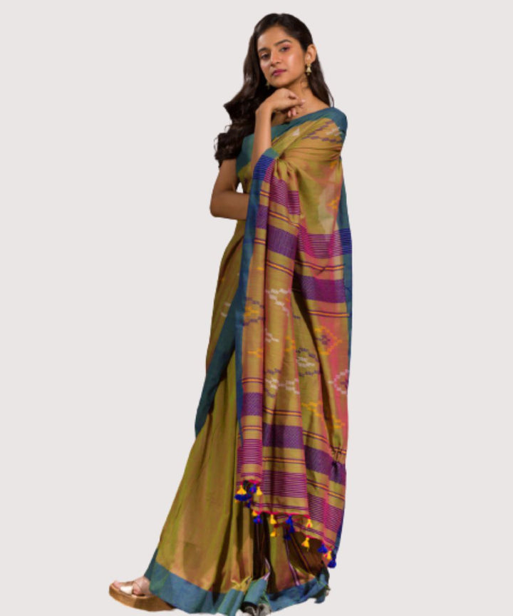 Yellow green handwoven bengal cotton jamdani saree