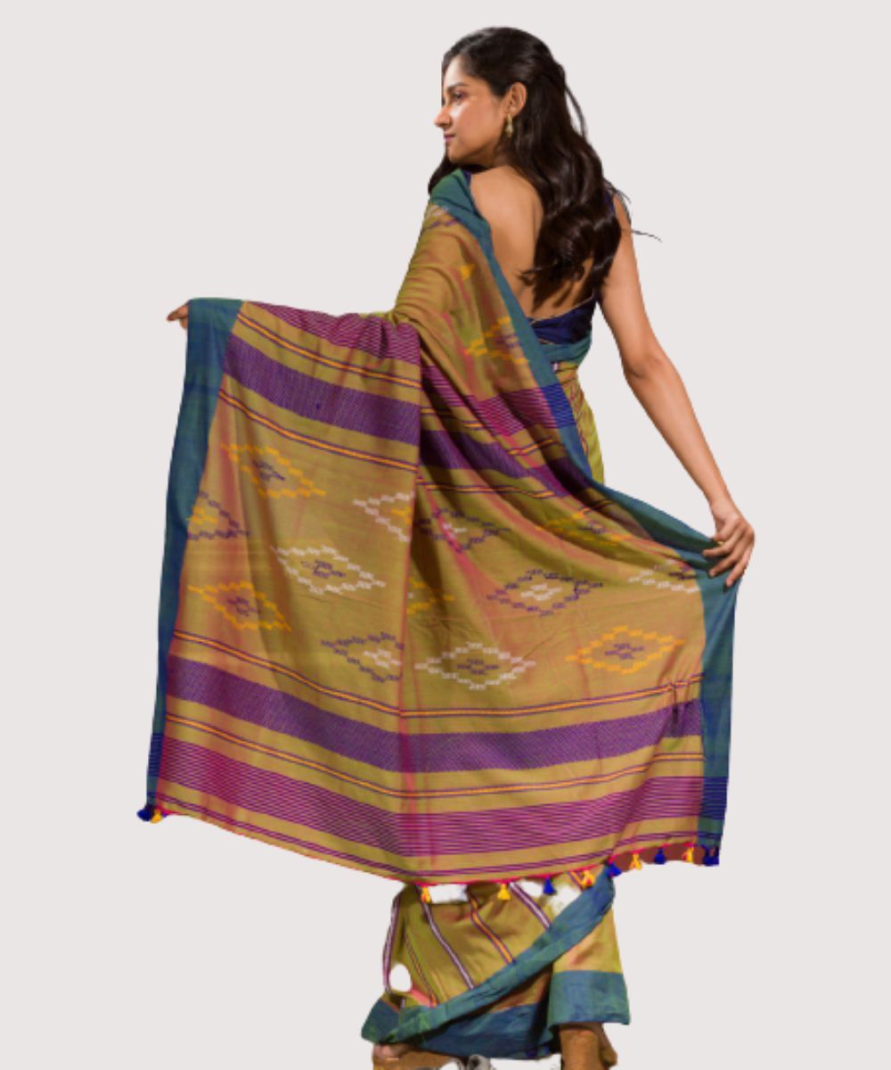 Yellow green handwoven bengal cotton jamdani saree