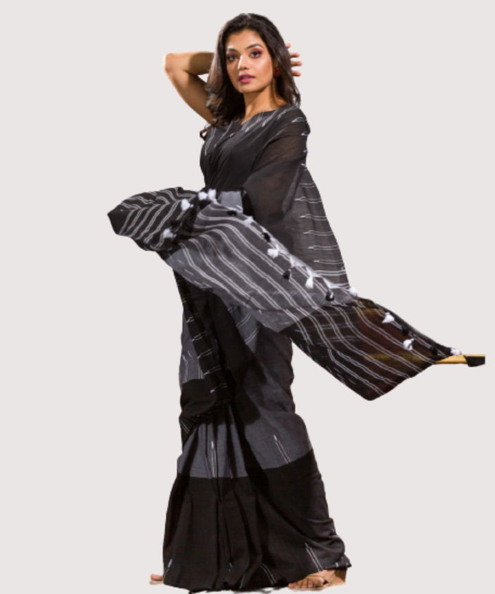 Black grey handwoven bengal cotton saree