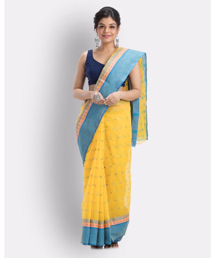 Yellow blue handwoven shantipuri cotton saree