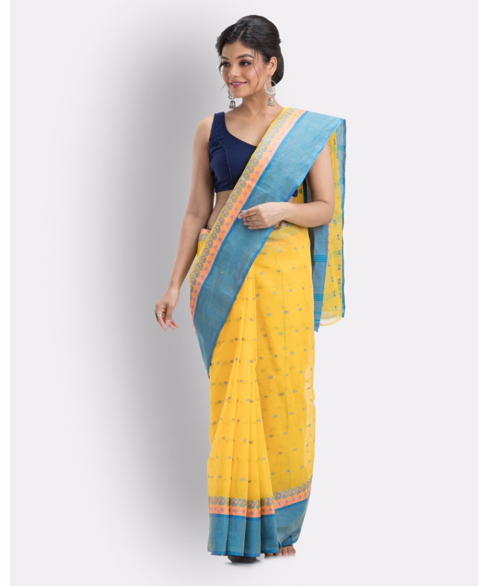 Yellow blue handwoven shantipuri cotton saree