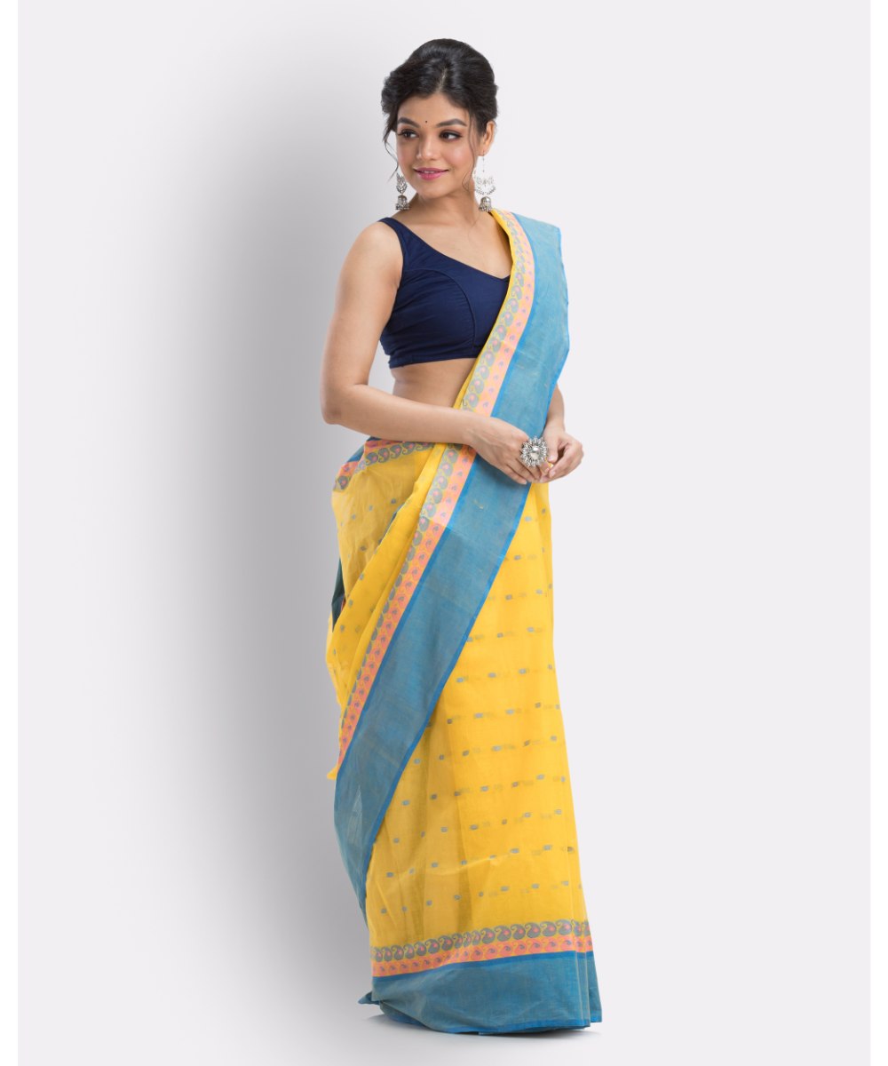 Yellow blue handwoven shantipuri cotton saree