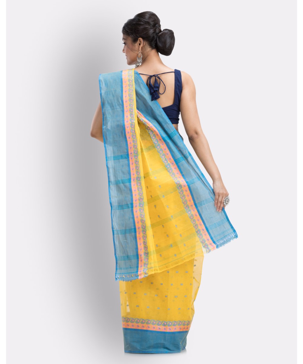 Yellow blue handwoven shantipuri cotton saree
