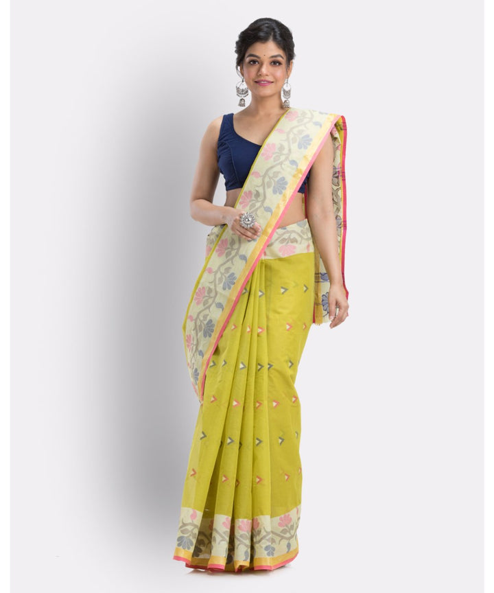 Olive green handwoven shantipuri cotton saree