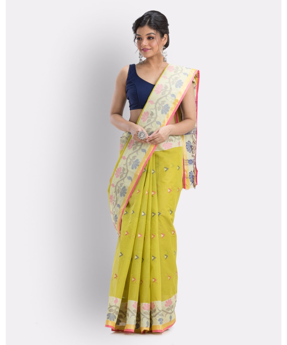 Olive green handwoven shantipuri cotton saree