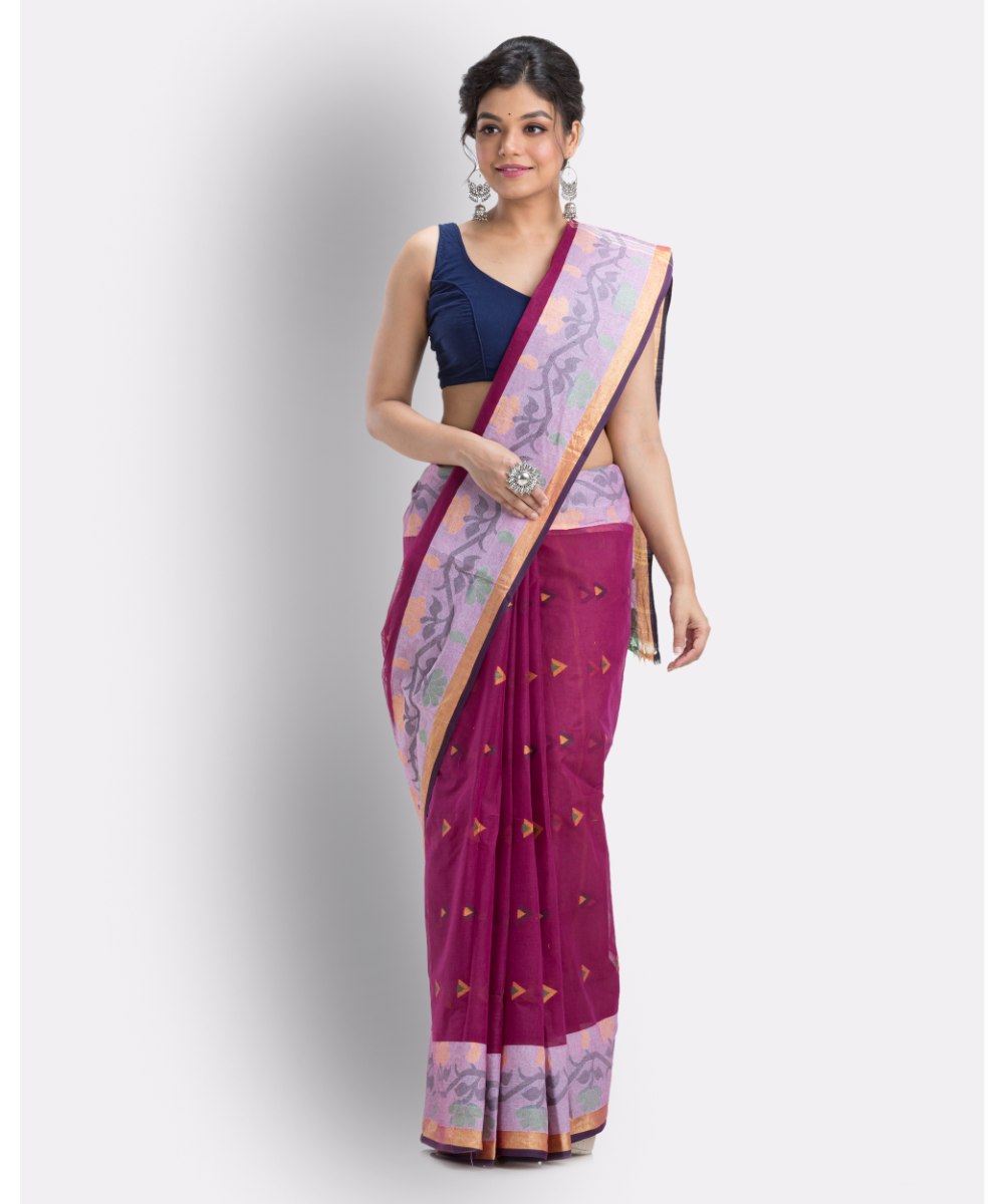 Pink magenta handwoven shantipuri cotton saree