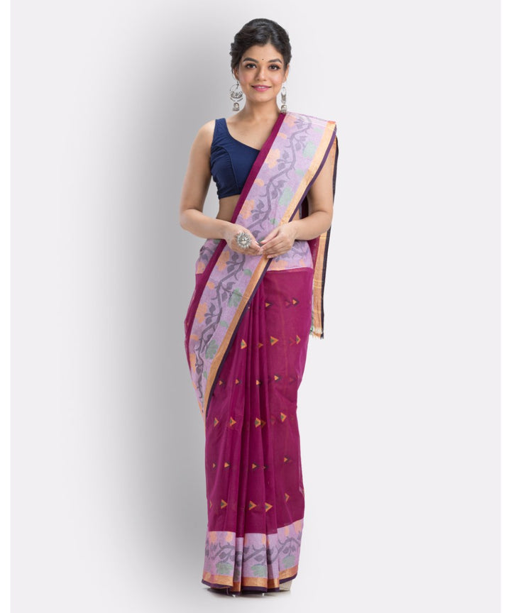 Pink magenta handwoven shantipuri cotton saree