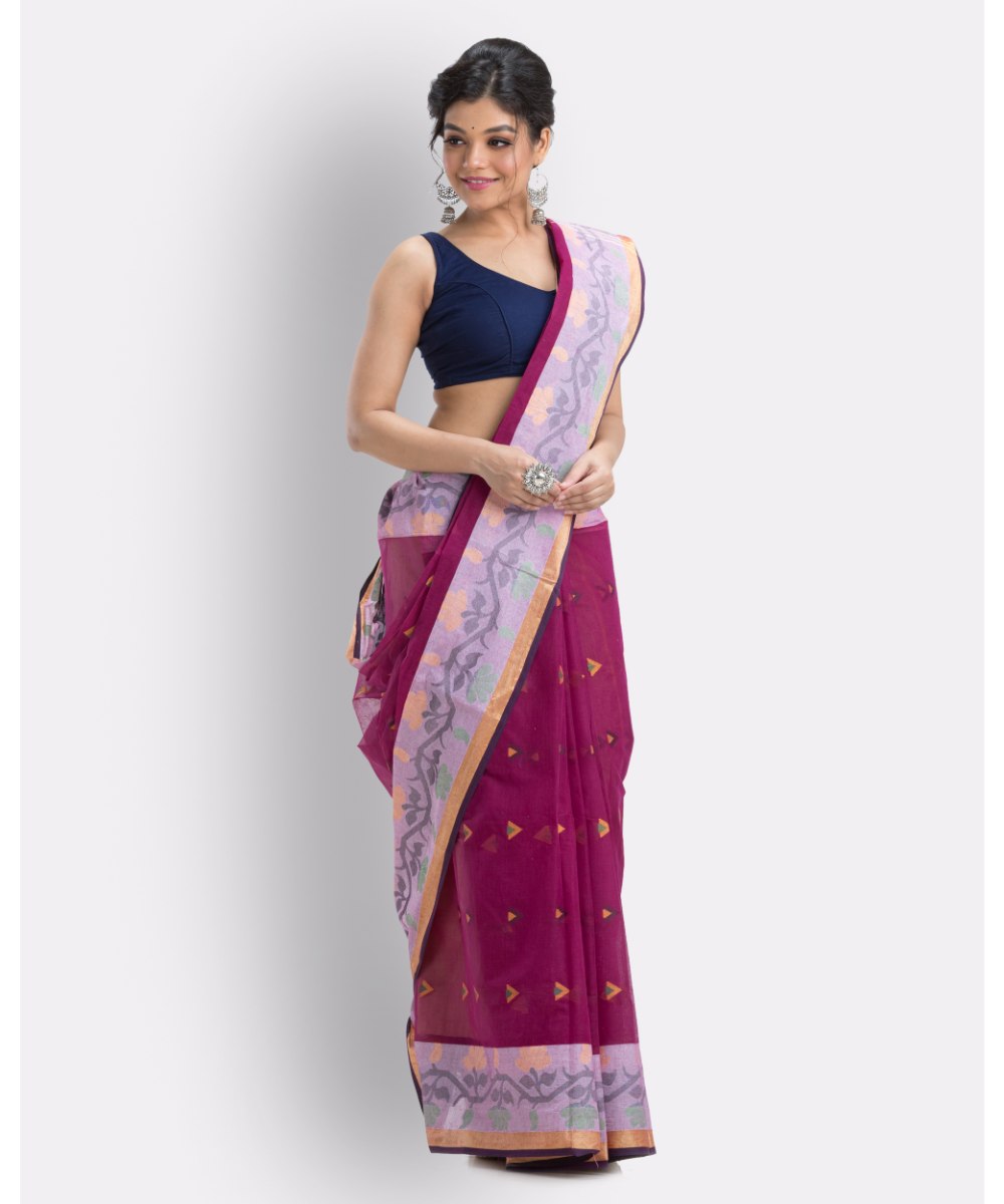 Pink magenta handwoven shantipuri cotton saree