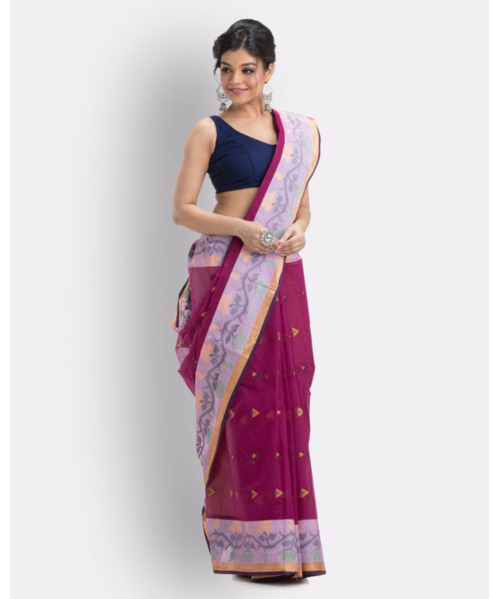 Pink magenta handwoven shantipuri cotton saree