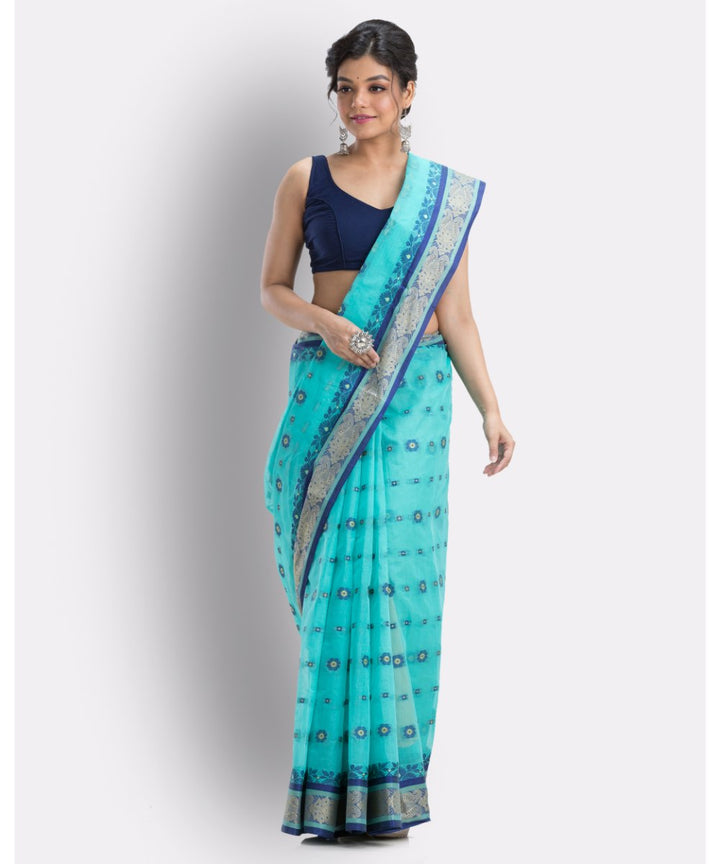 Cyan blue handwoven shantipuri cotton saree