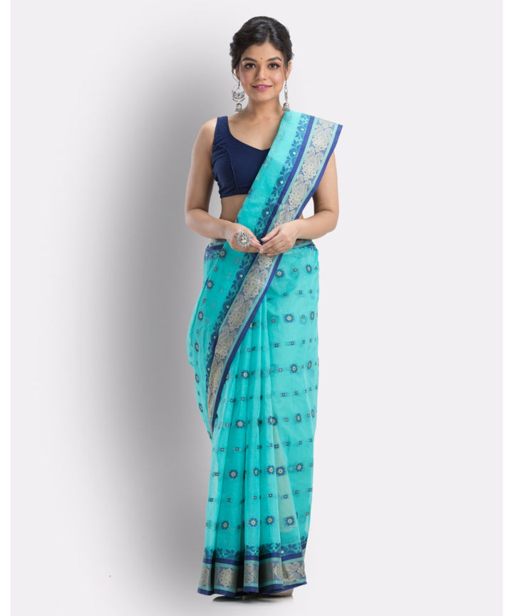 Cyan blue handwoven shantipuri cotton saree