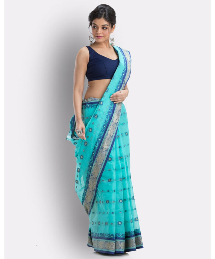 Cyan blue handwoven shantipuri cotton saree