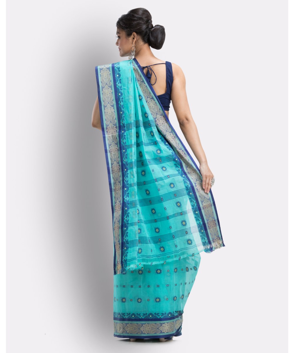 Cyan blue handwoven shantipuri cotton saree