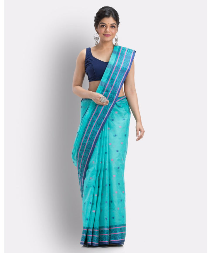 Cyan blue handloom shantipuri cotton saree