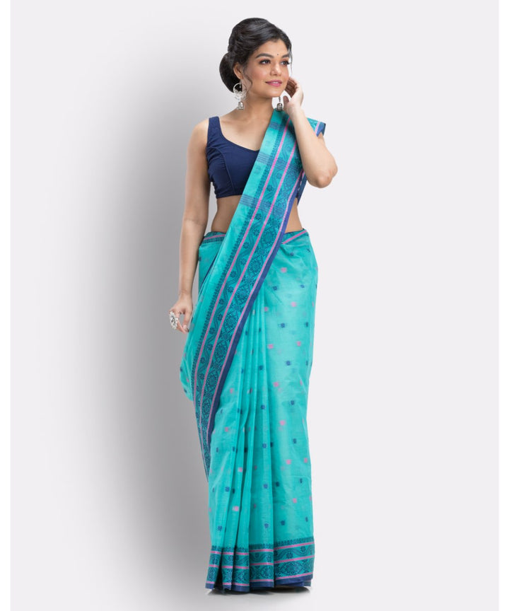 Cyan blue handloom shantipuri cotton saree