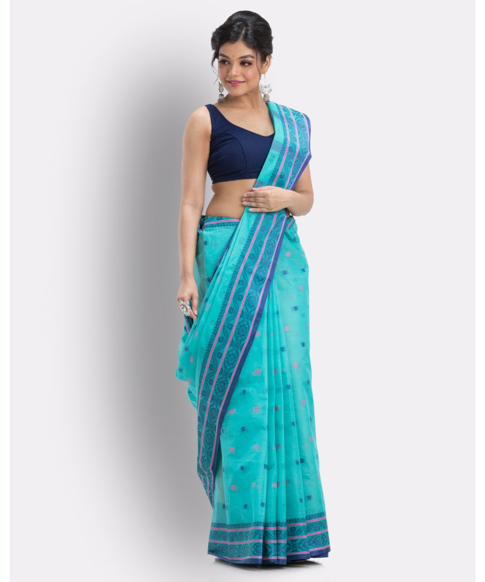 Cyan blue handloom shantipuri cotton saree