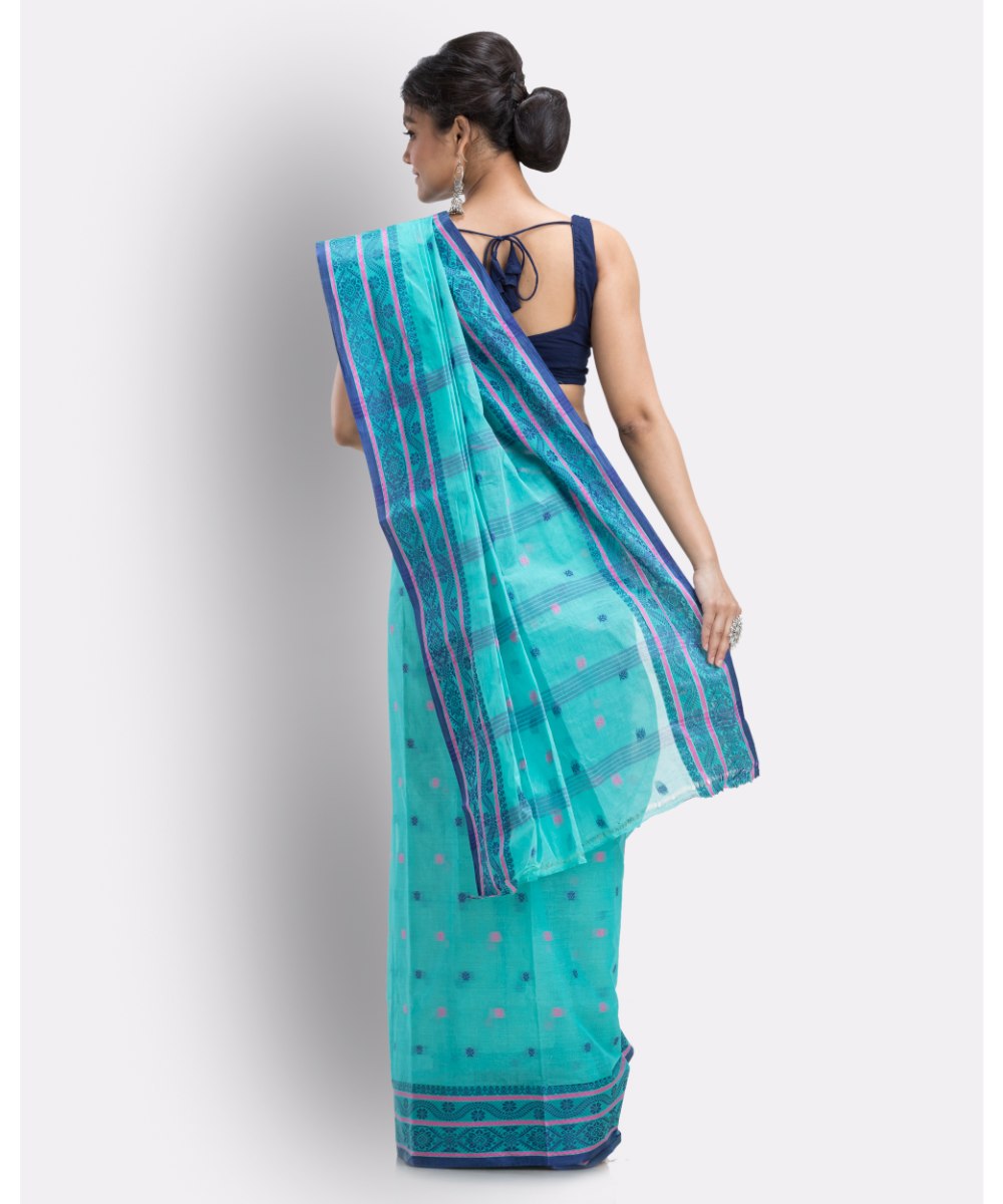 Cyan blue handloom shantipuri cotton saree