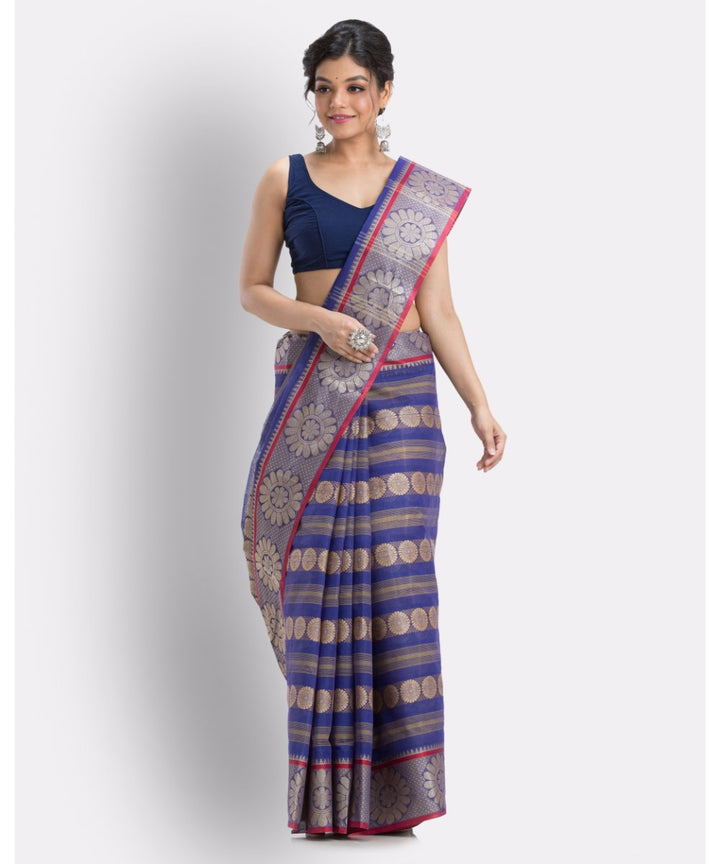 Indigo handwoven shantipuri cotton saree