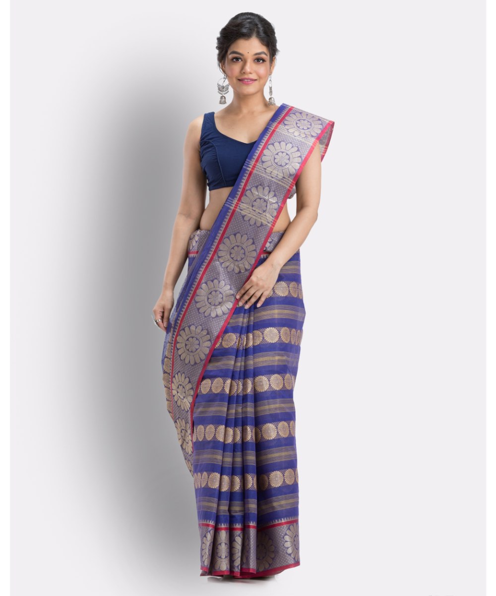 Indigo handwoven shantipuri cotton saree